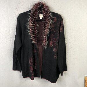 Chicos Sweater Womens Large Black Burgundy Faux Fur Trim Floral Sequin Cardigan